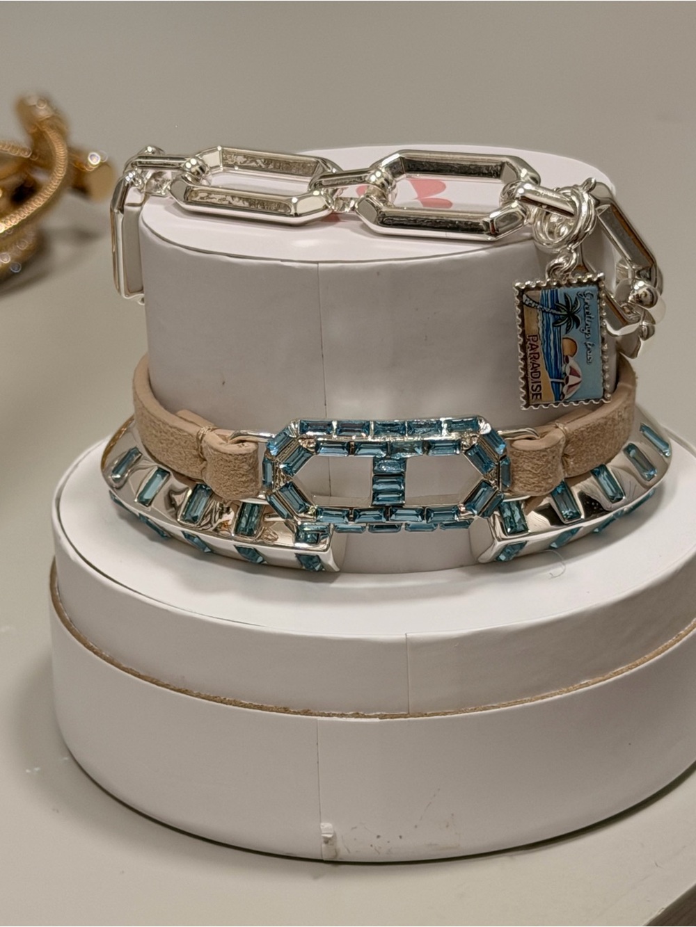 Bomb Party NWT Bracelet Stack Tan and Blue with Paradise Postcard Charm